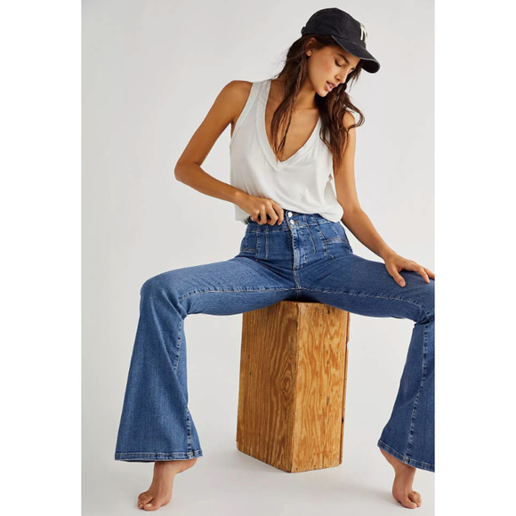 Free People We The Free High Rise Jayde Flare Leg Denim Jean Sunburst Blue 29 - Picture 1 of 9